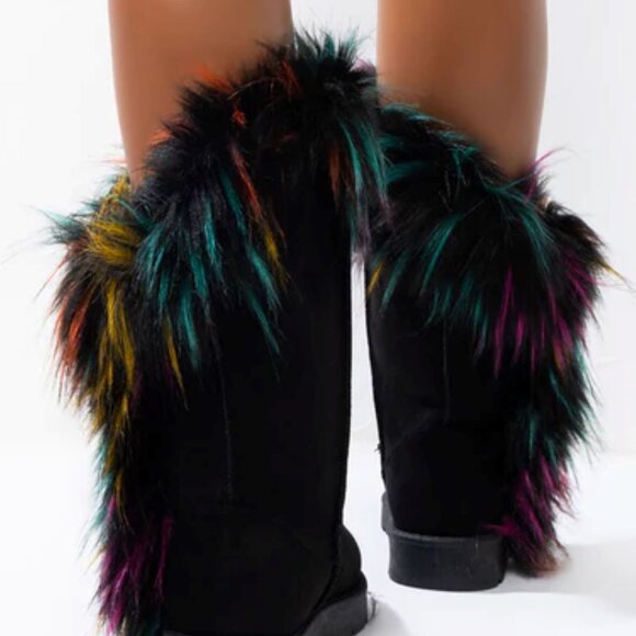 Bamboo Women's Black/Multi Color Winter Ankle Fur Cuffy Boots - Picture 4 of 4